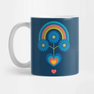 UNDER THE RAINBOW Folk Art Mid-Century Modern Scandi Floral With Flowers and Hearts on Dark Blue - UnBlink Studio by Jackie Tahara Mug